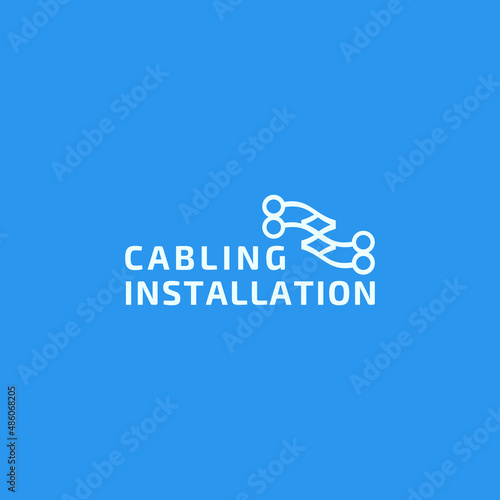 unique cable installation logo vector design ideas concept, cabling fiber optic logo design concept inspiration illustration with line art and outline styles isolated on blue background.