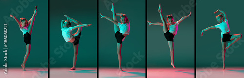 Set of portraits of little flexible girl, rhythmic gymnastics artist training isolated on green studio background in neon pink light. Grace in motion, action.