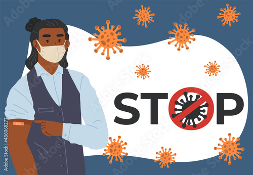 Stop coronavirus agitation concept. Vaccination promo, immunization of workers. Vaccine saves lives. People wearing protective mask showing their arm with bandage after receiving covid-19 vaccine
