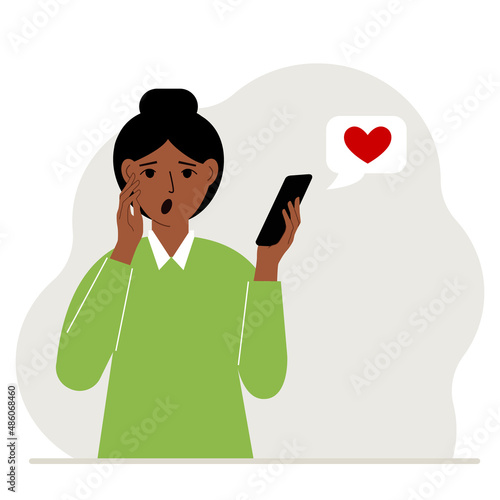 Surprised woman reads a message on his mobile phone. Message with red heart. Vector