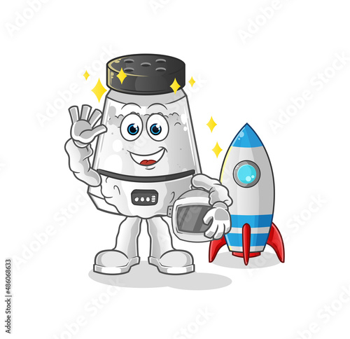 salt shaker astronaut waving character. cartoon mascot vector