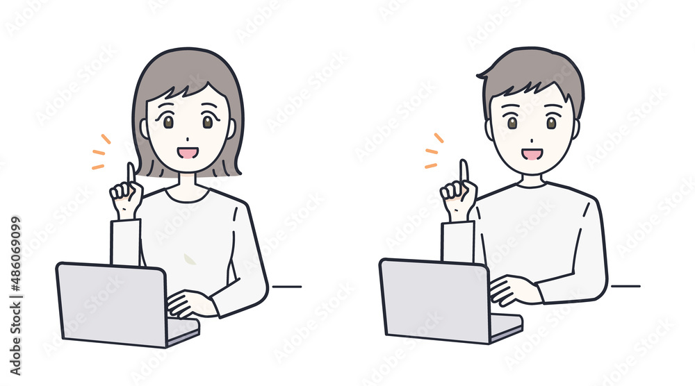 PCを操作しながら人差し指でポイントを伝える私服の男女のイラスト素材