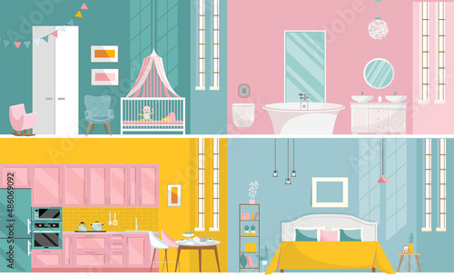 Room interiors set - bedroom, bathroom, nursery, kitchen, in flat cartoon design. Cozy Home inside concept. Apartment with window and furniture. House, hotel equipment. Vector illustration.