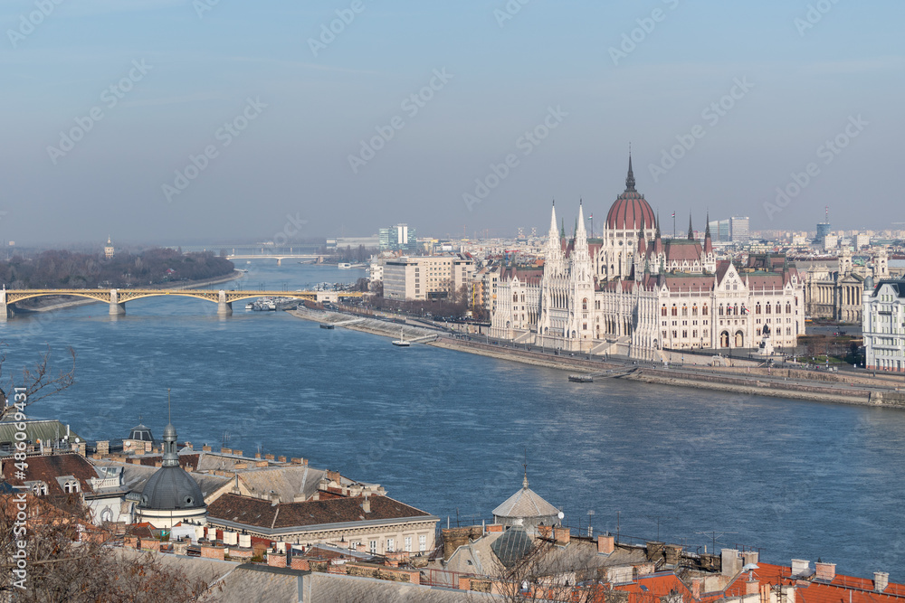 Hungarian parliament building from across Danube from Fisherman's bastion in Budapest, Hungary
