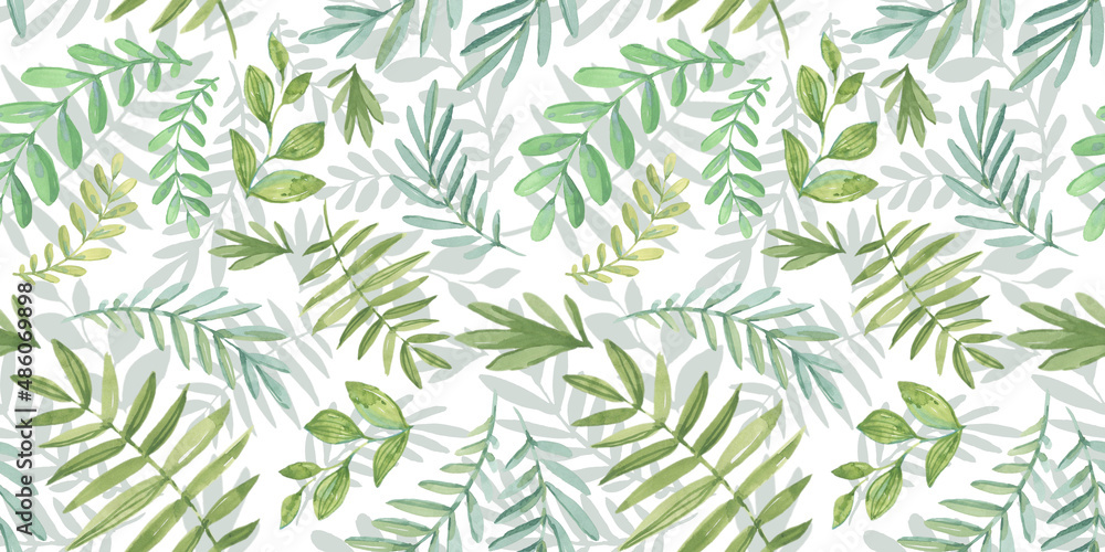 Spring Seamless Pattern. Floral elements in doodle style. White background. Watercolor tropical green leaves. Wedding Patterns with leaf Spring Seamless Pattern. Floral elements in doodle style. White background. Watercolor tropical green leaves. Wedding Patterns with leaf