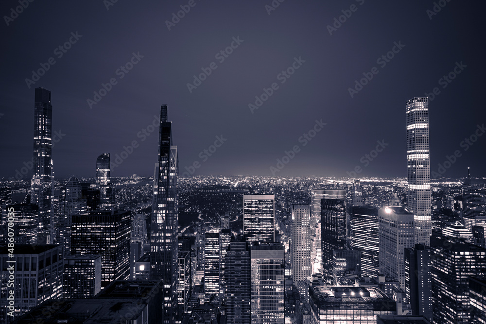 New York city skyline at night black and white