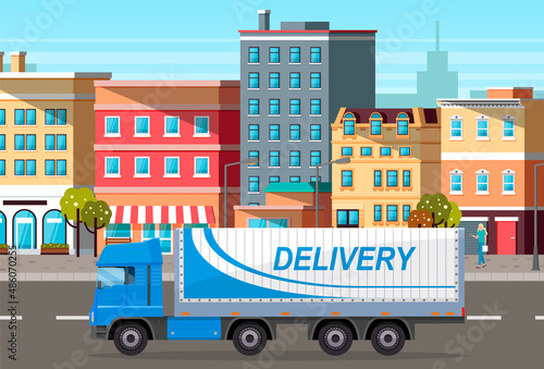 Transport for delivery of goods in warehouse of enterprise. Freight transport in storage with boxes. Delivery truck for transportation in factory. Truck with body for cargo vector illustration