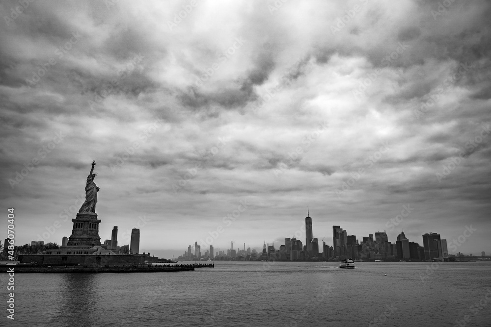 New York City skyline and statue of liberty black and white