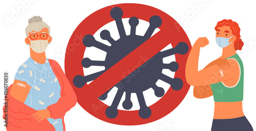 Stop coronavirus agitation concept. Vaccination promo, immunization of workers. Vaccine saves lives. People wearing protective mask showing their arm with bandage after receiving covid-19 vaccine