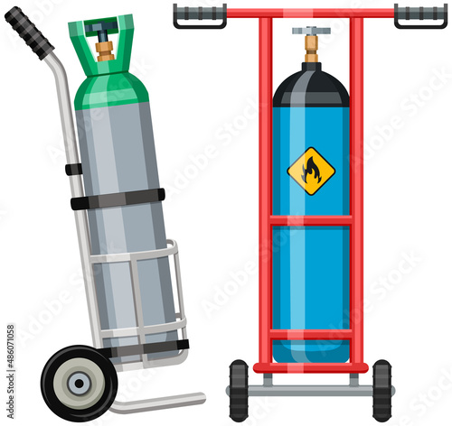Transportation of gas cylinder, canister with fuel. Metal tank with liquefied compressed petroleum, propane on cart with wheels. Pressurized gas cylinder, storage with tap for substance release