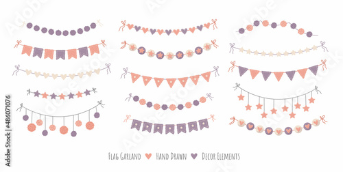 Boho style flag garland party decor set. Colorful hand drawn flag garland, pom pom hanging, festoon decoration. Cute hand drawn cartoon style vector illustration.