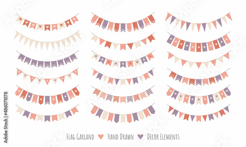 Big bundle set of Scandinavian boho style flag garlands. Colorful children birthday party decor festoon bunting hangings. Cute minimal flag garland decoration for celebration, carnival, festivals.