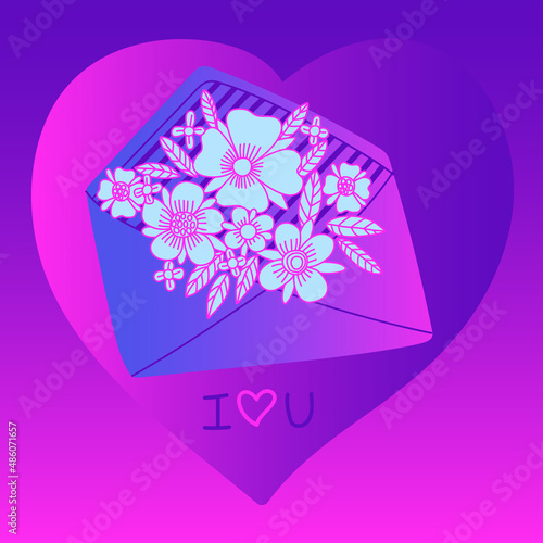 Vector neon greeting card with a convector and flowers on a heart background. Illustration for postcards, posters, decor, tableware and stationery.