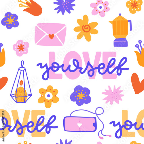 Modern hand lettering seamless pattern with motivational phrase - love yourself. Ornate background with flowers, candle, music, coffee. Typography sayings backdrop for textile. Vector illustration.