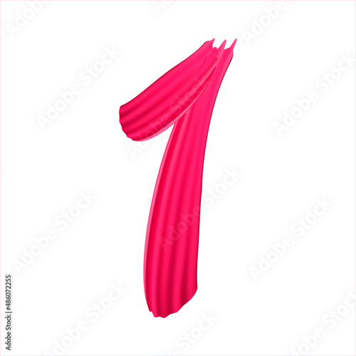 Number 1 of realistic red paint brush strokes. Numbers isolated on a white background.  Number one written smears by dark pink paint. 