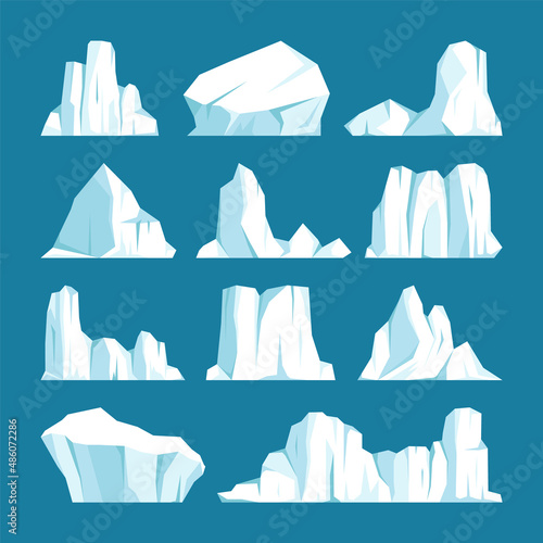 Floating icebergs collection. Drifting arctic glacier, block of frozen ocean water. Icy mountains with snow. Melting ice peak. Antarctic snowy landscape. South and North Pole. Vector illustration.