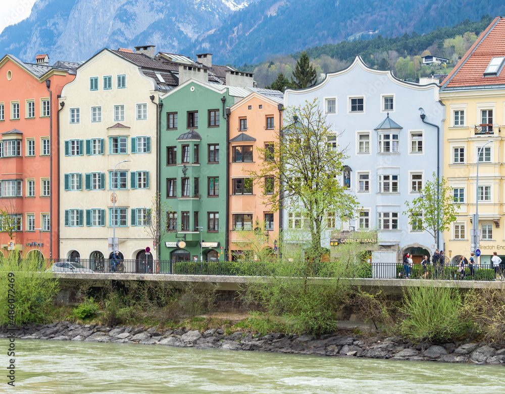 Innsbruck, Austria - April 16th 2018: Colorful historic facades in the city centre.