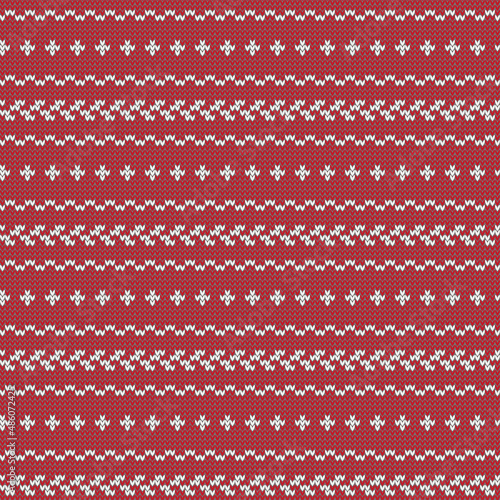 Red Christmas pattern background. Knitting texture vector seamless pattern. Norway Fair isle design. Xmas ugly sweater design