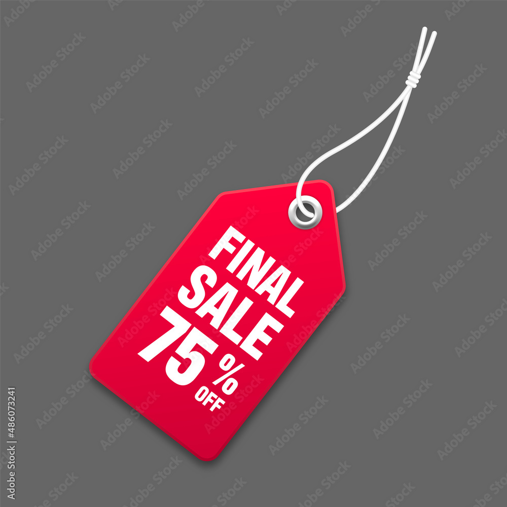 Realistic red price tag with white string on gray background. Special offer or shopping discount label. Retail paper sticker. Promotional sale badge. Vector illustration.