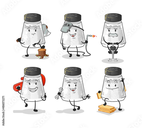 salt shaker worker set character. cartoon mascot vector