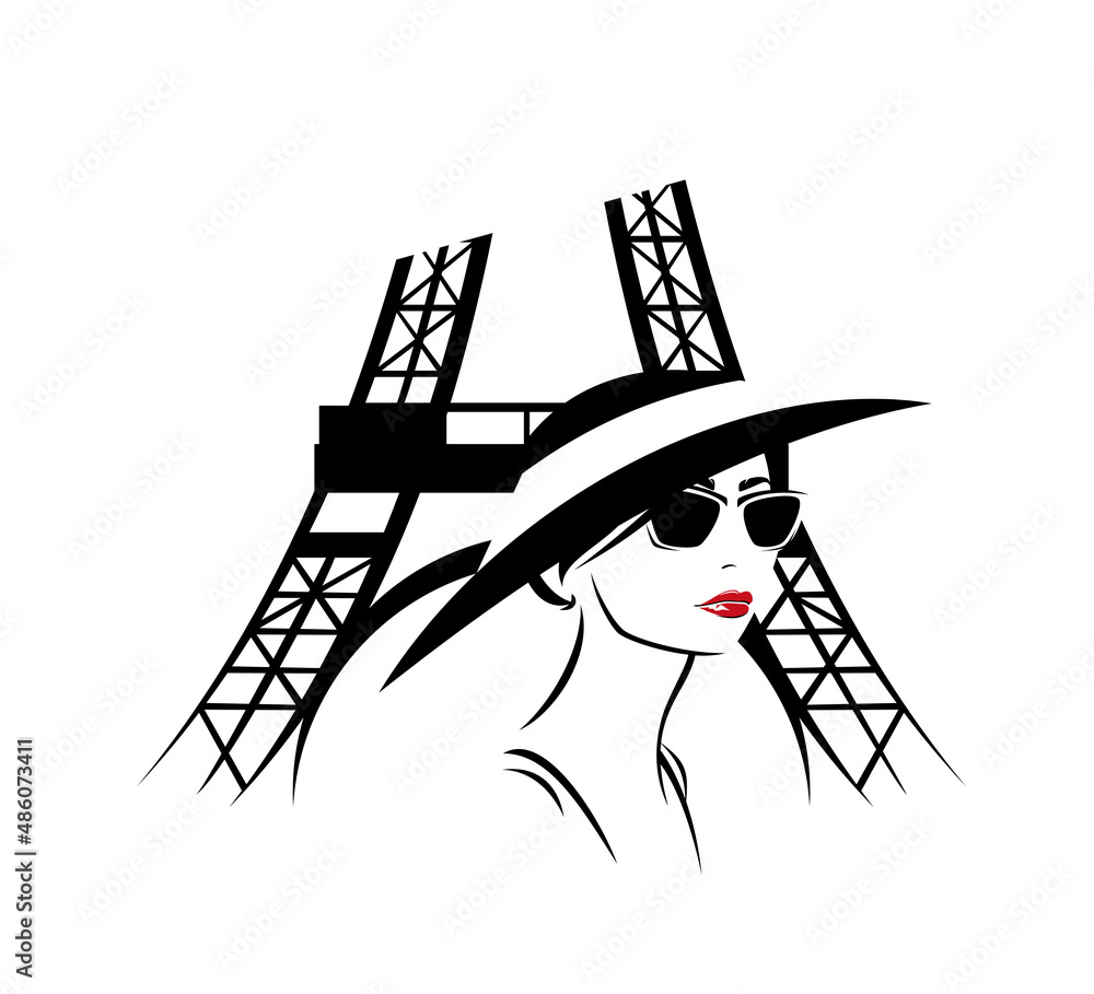 young woman wearing sunglasses and wide brimmed hat by parisian eiffel tower - fashion blogger or tourist in Paris vector design - obrazy, fototapety, plakaty 