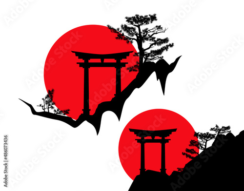 traditional japanese torii gate entrance to shinto shrine on pine tree covered rock cliff and red rising sun - stylized asian landscape vector silhouette scene