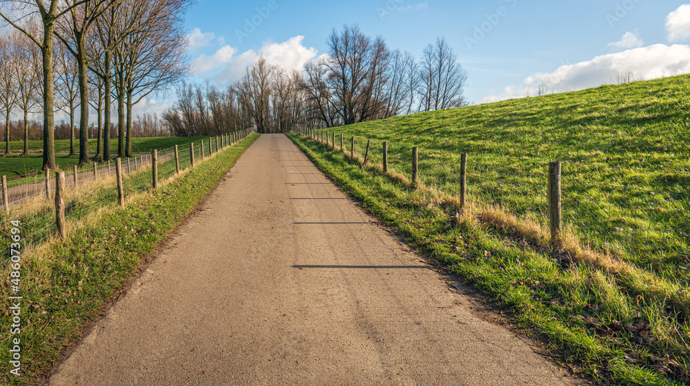 Driveway to the top of a dike. On either side of the road is a fence of wooden posts with wire mesh. The photo was taken on a sunny day in winter near the city of Dordrecht, province of South Holland.