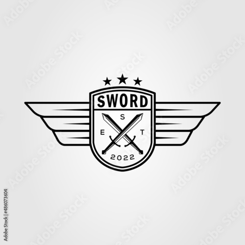 vintage sword or blade with wings badge logo vector illustration design