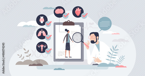 Medical check up and organ health inspection or diagnosis tiny person concept. Medical wellness research with patient examination vector illustration. Responsible body care and disease prevention.