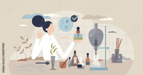 Apothecary drugs with chemical and herbal ingredients tiny person concept. Medical prescription preparation using modern antibiotic herbs vector illustration. Essential oils for alternative medicine.