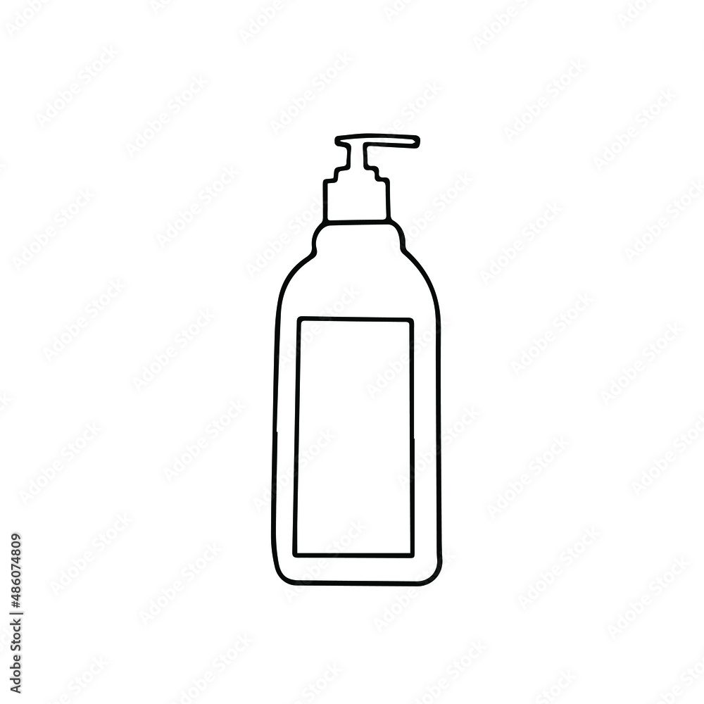Doodle vector hand drawn icon of liquid soap in plastic tube with dispenser for washing hands and antibacterial skincare. Cleaning, cosmetic. Design element isolated for typography and digital use. Doodle vector hand drawn icon of liquid soap in plastic tube with dispenser for washing hands and antibacterial skincare. Cleaning, cosmetic. Design element isolated for typography and digital use.