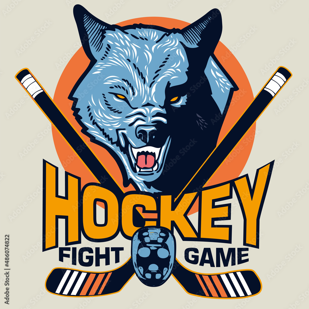 Wolf mascot of a hockey team with crossed hockey sticks and a hockey mask. Hockey mascot illustration concept. Wolf mascot of a hockey team with crossed hockey sticks and a hockey mask. Hockey mascot illustration concept.