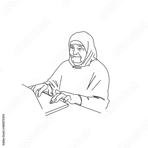 person writing on a notebook Elderly woman with laptop, quick freehand drawing, sketch. sketch .