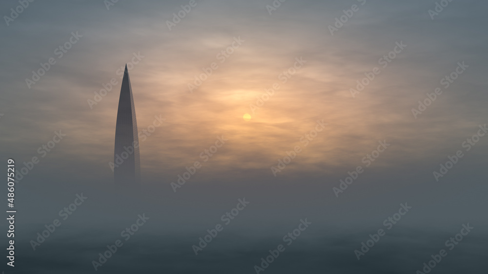 Fototapeta premium The skyscraper sticks out of the thick fog. Low sun in the background