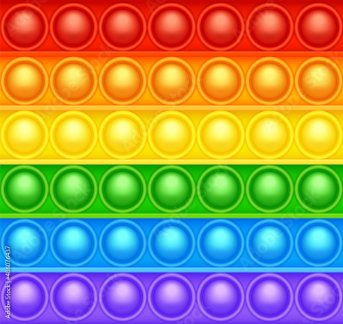 Colorful silicone anti-stress pop it toy texture, pattern. Trendy sensory game for children. Rainbow push pop fidget toy with brightly colored popping bubbles. Vector illustration