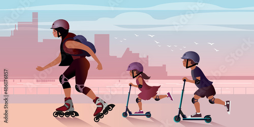 Mom on roller skates with children on scooters ride along the city embankment.Vector illustration for landing page mockup design or advertising banner.