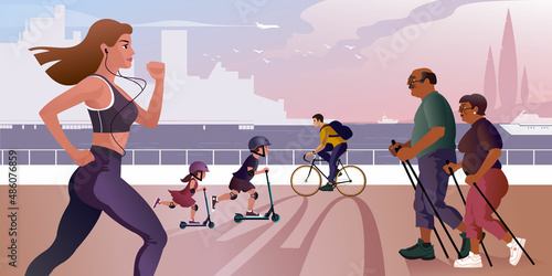 Girl runner. Elderly people practice Nordic walking. Children on roller skates and bicyclist ride along the city embankment. Isolated Vector illustration for mockup or flat design advertising banner.