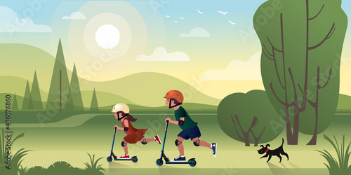 Kids with a small black dog ride scooters outside the city on a summer vacation. Vector illustration for landing page mockup design or advertising banner.