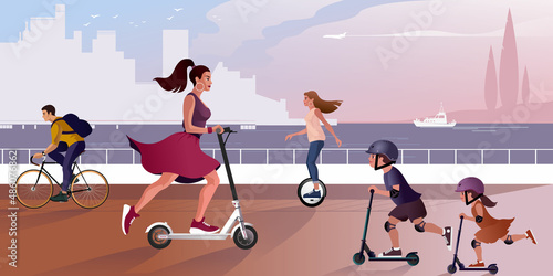 Young people ride scooters and bicycles along the city embankment. Vector illustration.