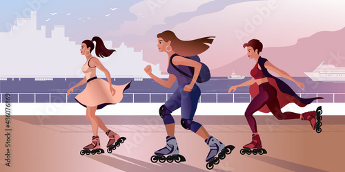 Girls on roller skates ride along the city embankment. Isolated Vector illustration for mockup or flat design advertising banner.