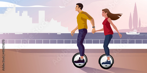 A guy and a girl, holding hands, ride an electric unicycle along the city embankment.Vector illustration.
