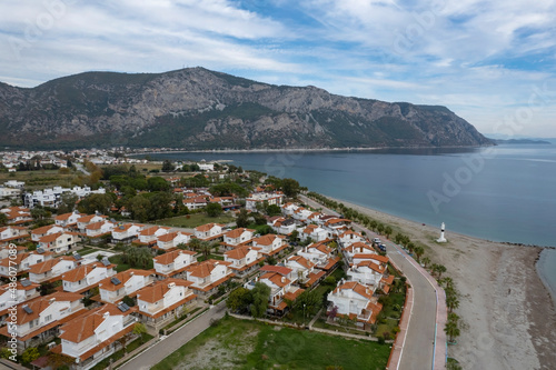 Aerial exposure photo of Ören beach with drone in Muğla city of Turkey. photo