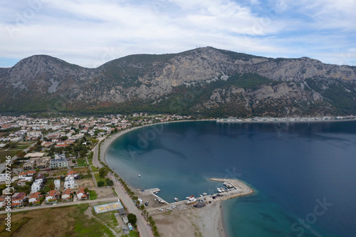 Aerial exposure photo of Ören beach with drone in Muğla city of Turkey. photo