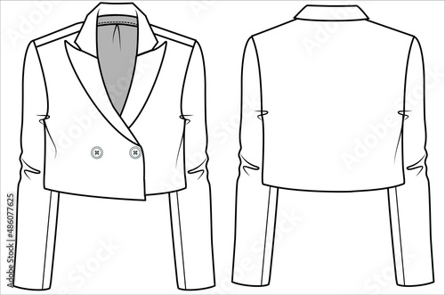 NOTCH COLLAR CROP BODY DOUBLE BREASTED BLAZER FOR WOMEN CORPORATE WEAR IN EDITORIAL VECTOR FILE
