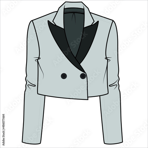 NOTCH COLLAR CROP BODY DOUBLE BREASTED CONTRAST COLLAR BLAZER FOR WOMEN CORPORATE WEAR IN EDITORIAL VECTOR FILE