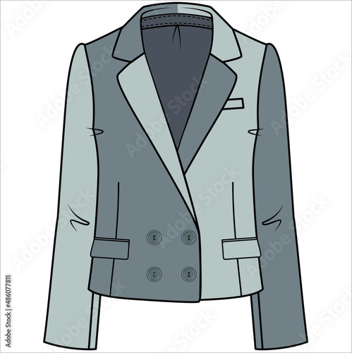 NOTCH COLLAR DOUBLE BREASTED RELAX FIT COLOR BLOCK BLAZER FOR WOMEN CORPORATE WEAR IN EDITABLE VECTOR FILE