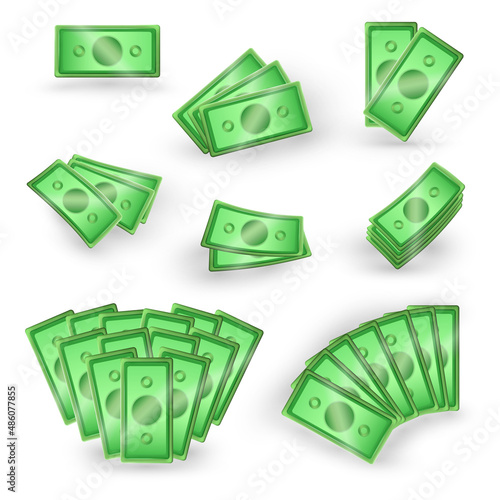 Green banknotes (money bills) with reflection and shadow. Cartoon realistic 3D money in different positions - falling, in stack, piles, bundle, crumpled. Vector illustration of cash, earnings. 