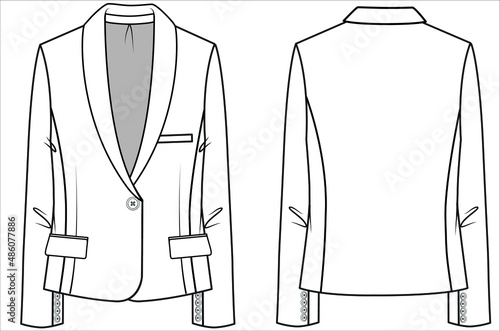 SLIM FIT SHAWL COLLAR SINGLE BREASTED BLAZER FOR WOMEN CORPORATE WEAR IN EDITABLE VECTOR FILE