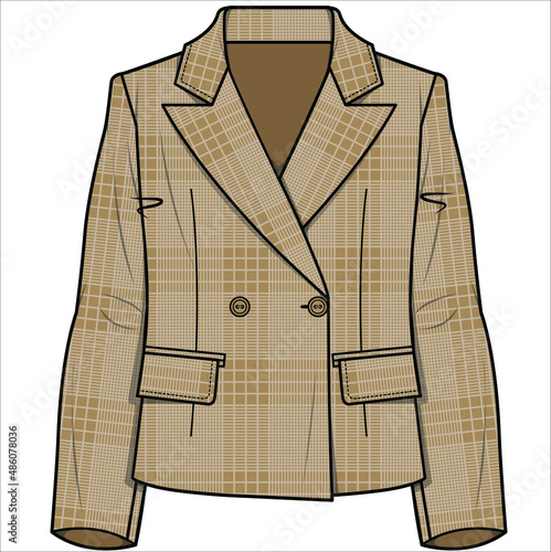 BOXY FIT WIDE NOTCH COLLAR  DOUBLE BREASTED CHECK BLAZER FOR WOMEN CORPORATE WEAR IN EDITABLE VECTOR FILE