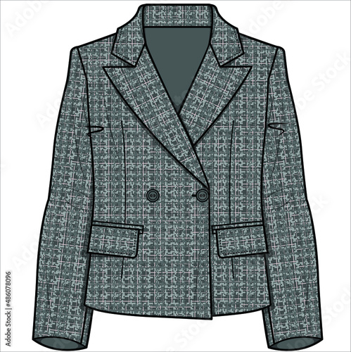 BOXY FIT WIDE NOTCH COLLAR  DOUBLE BREASTED CHARCOAL TWEED BLAZER FOR WOMEN CORPORATE WEAR IN EDITABLE VECTOR FILE